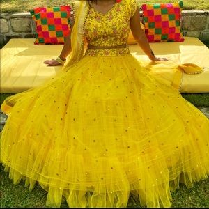 Custom embroidered lemon-mustard yellow BIG tulle lehenga